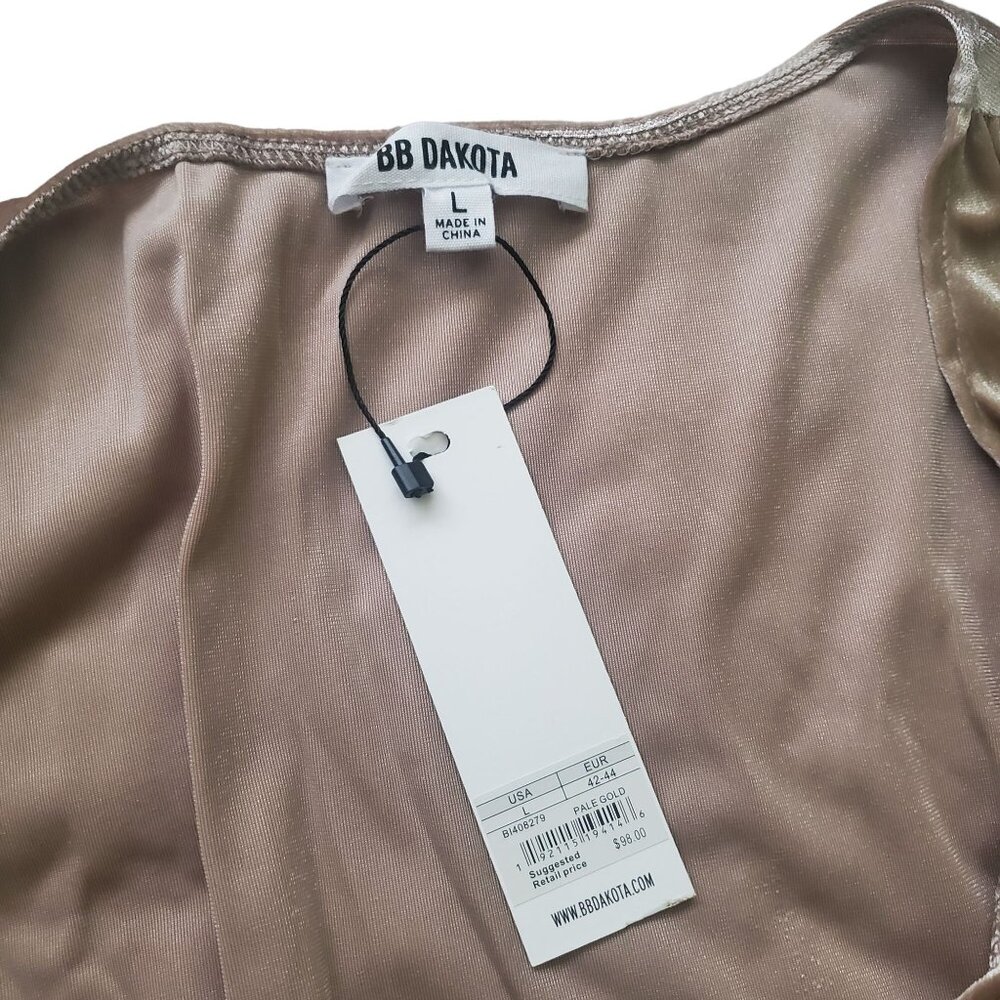 Bb Dakota women mini dress Size Large sleeveless Pale Gold Wrap Ruffle Velvet - Picture 10 of 16